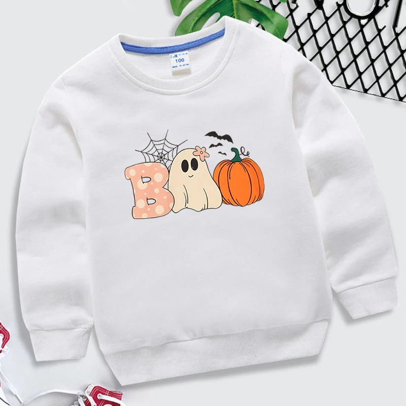 

Halloween Boo Ghost Pumpkin Print Pullover Kids Winter Autumn Casual O Neck Hoodless Sweatshirts Boys Girls Pure Color Pullovers