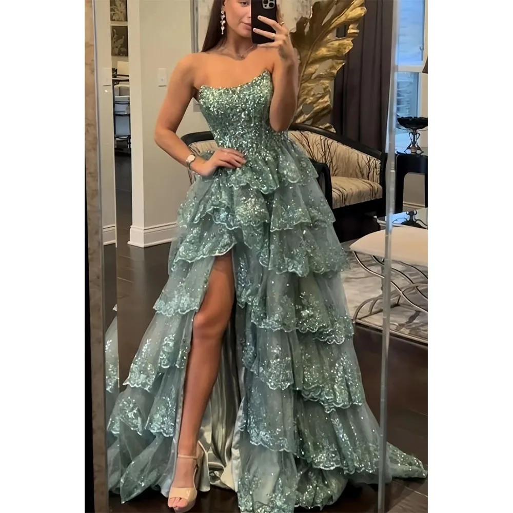 

Exquisite Evening Dresses Strapless Sleeveless A Line Floor Length High Quality Sweep Train Fit Banquet Prom Wedding Male Gowns