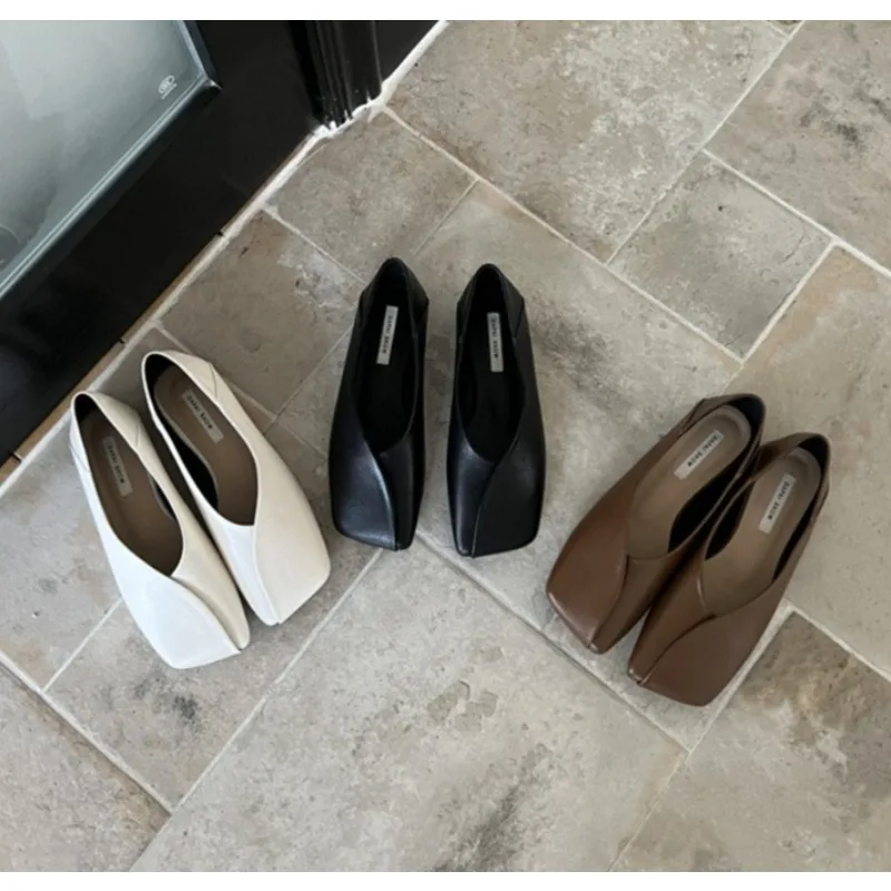 

New Women's Loafers Leather Luxury Shoes Black White Heels Gold Flats Shoes Square Toe Elegant Mary Janes Shoes