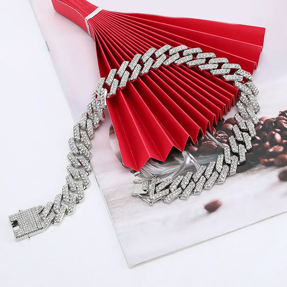 Pulsera de Cadena Cubana con Incrustaciones de Diamantes de Imitación, Joyería Apilable de Metal, Regalo para Mujeres y Hombres, Decoración para Uso Diario, Fiestas y Disfraces