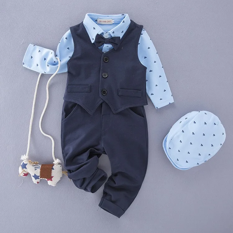 Baby Boys 4pcs Gentle Outfit Long Sleeve Printed Bodysuit Waistcoat Trousers Hat Toddler Formal Suit Wedding Party Daily Costume