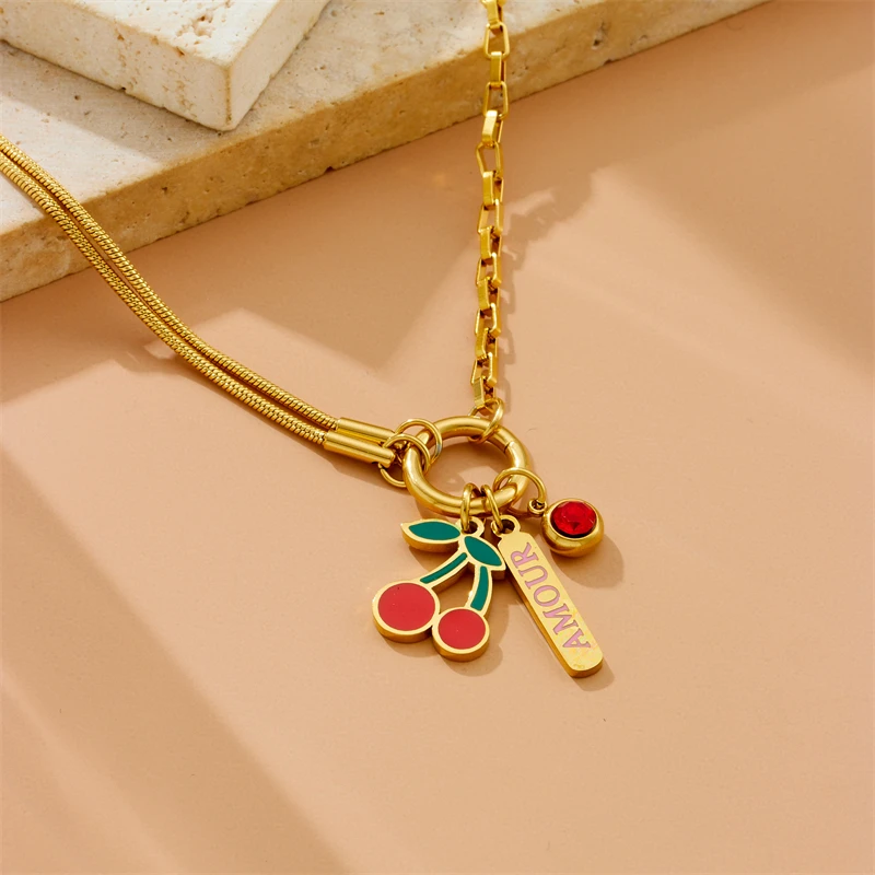 LAMENGLY 316L Stainless Steel Dopamine 5-Leaf Flower Bow Sun Heart  Cherry Necklace Women\'s Novel Chic Neck Chain Holiday Gifts