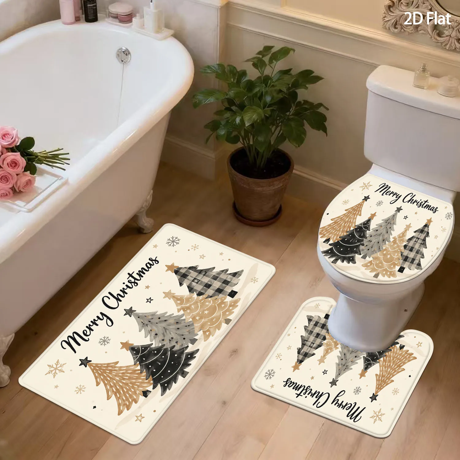 2D Flat Beige Christmas Tree Bathroom Mat Set, 3pcs, Plaid Xmas Tree Snowflake Holiday Decor for Bathroom