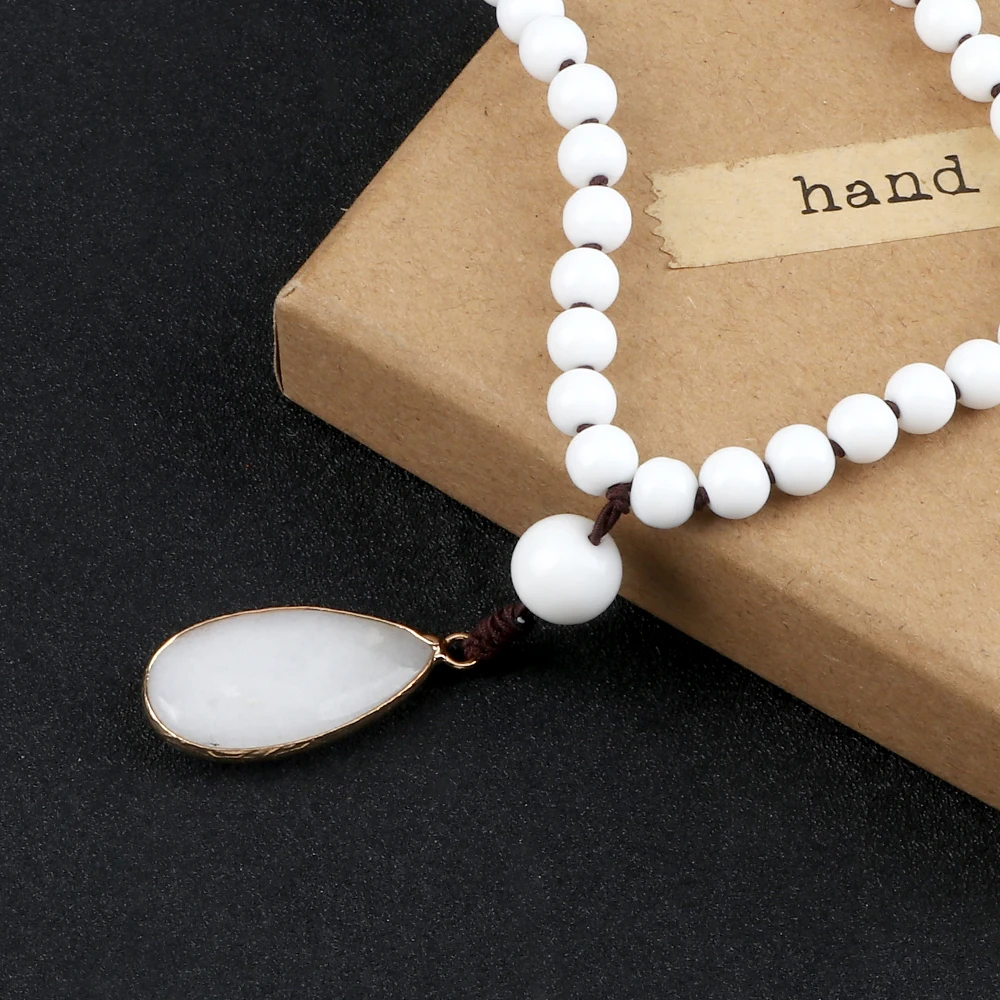 New 108 Mala White Porcelain Beaded Bracelet Prayer Healing Water Drop Pendant Necklace Women Men Elastic Bangles Jewelry Gift