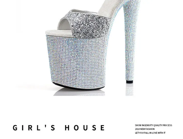 Stripper Shoes Clear 20cm Rhinestone Platform Hate Sky High Sandals Nightclub Model Shining 8inches High Heels New Bride Exotic