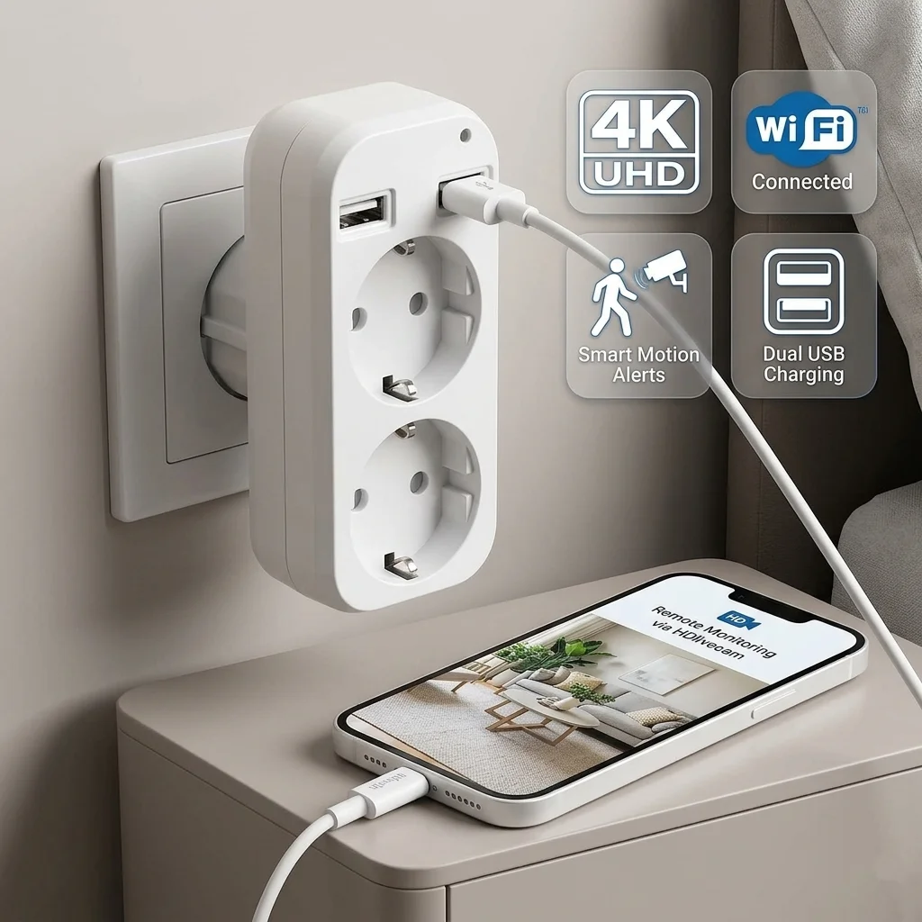 

Адаптер для умного дома 4K UHD - Wi-Fi-розетка с мониторингом энергопотребления, двойной USB-зарядкой, оповещениями о движении и удаленным просмотром через приложение