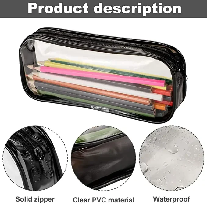 PVC Pencil Case Transparent Zipper Large Capacity Simple Black and White Pencil Bag for School Office Stationery Supplies