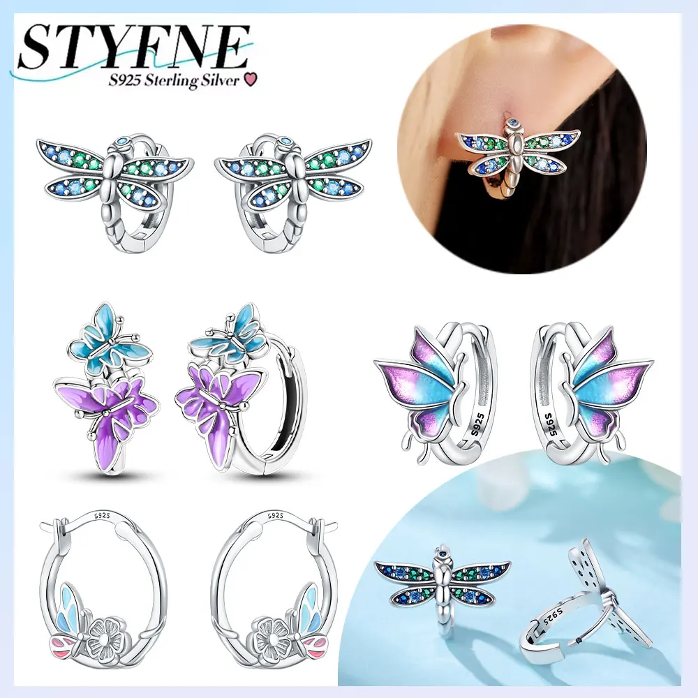 

925 Silver Sterling Silver Blue-purple Hollow Butterfly Earrings Flower Tassel Double Hoop Earrings for Women Party Fine Gift