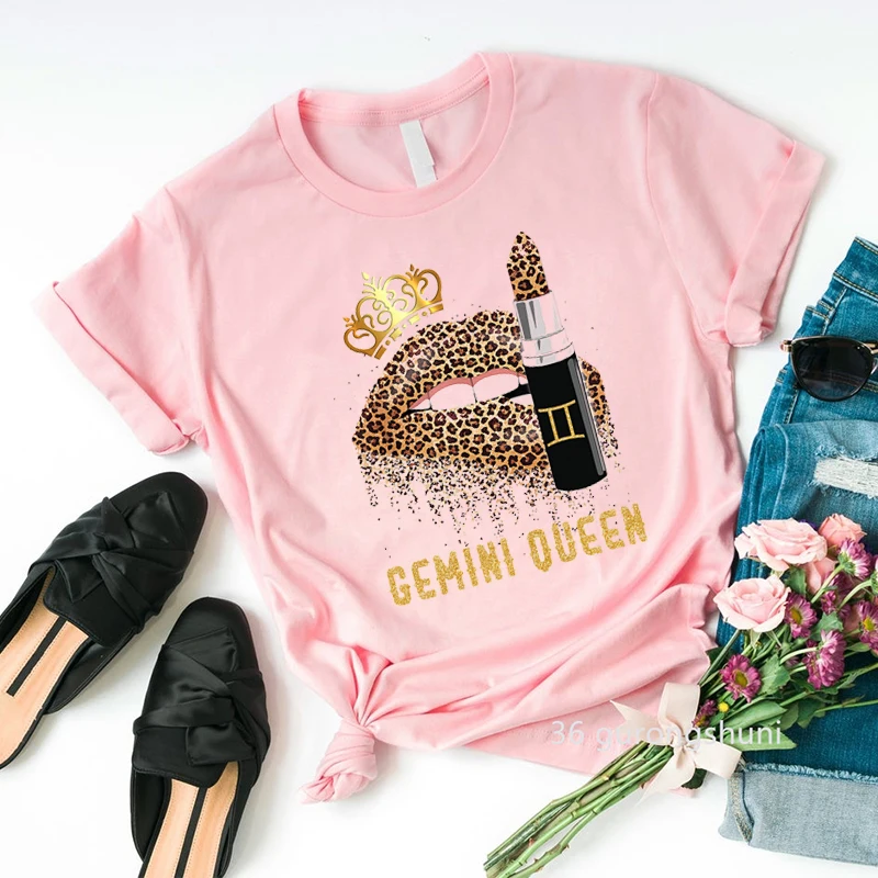 Gemini Taurus Queen Girls Lipstick Leo T Shirt Happy Birthday Leopard Lips Graphic Print T-Shirt Women Clothes Female Tees Top