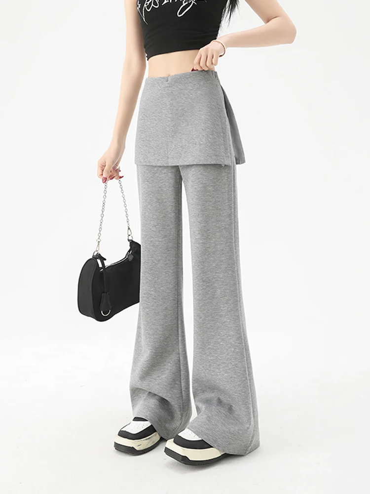 

Gray Sporty High Waist Wide Leg Pants Women Summer Thin Casual Slimming Drapey Look Fake Two-Piece Sweatpants Korean Style