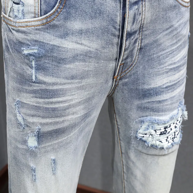 Fashionable new men's jeans with pleats, washed with nostalgia, elastic, slim fit, perforated patches, light blue jeans, high st