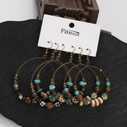 Vintage Big Round Circle Dangle Earrings Female Antique Gold Plated Turquoises Wood Beads Earrings Ethnic Jewelry Pendientes