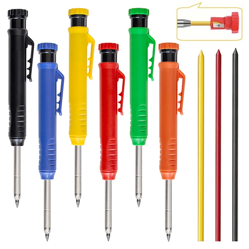 6 Colors 2.8mm Woodworking Mechanical Pencil Built In Pencil Sharpener Yellow Red Black 2B Lead Core Deep Hole Marking Pen