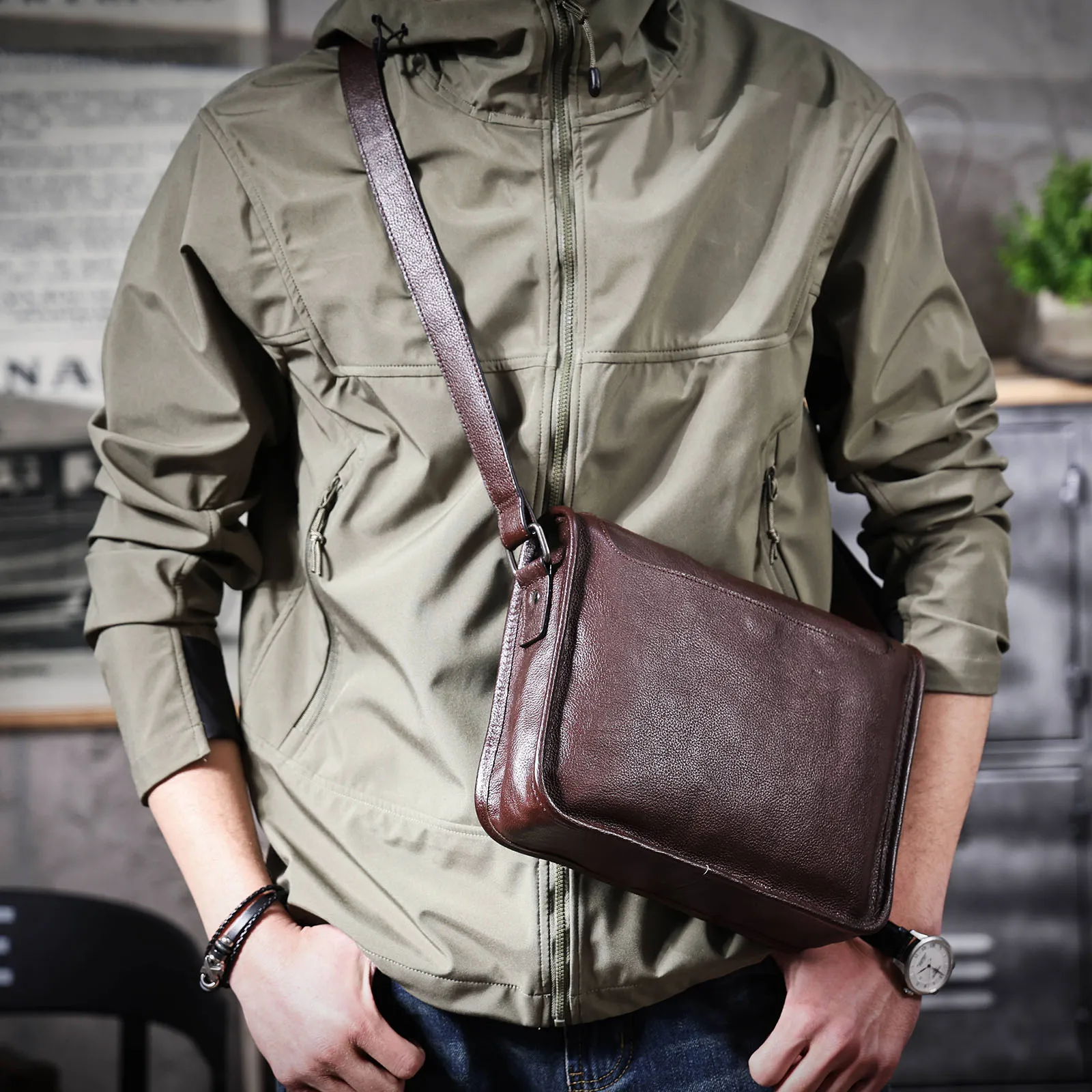 Echte Leder-Umhängetasche für Herren, Unisex, einfache Rindsledertasche, oberste Schicht pflanzlich gegerbtes Leder, modisch und lässig – Detail 5