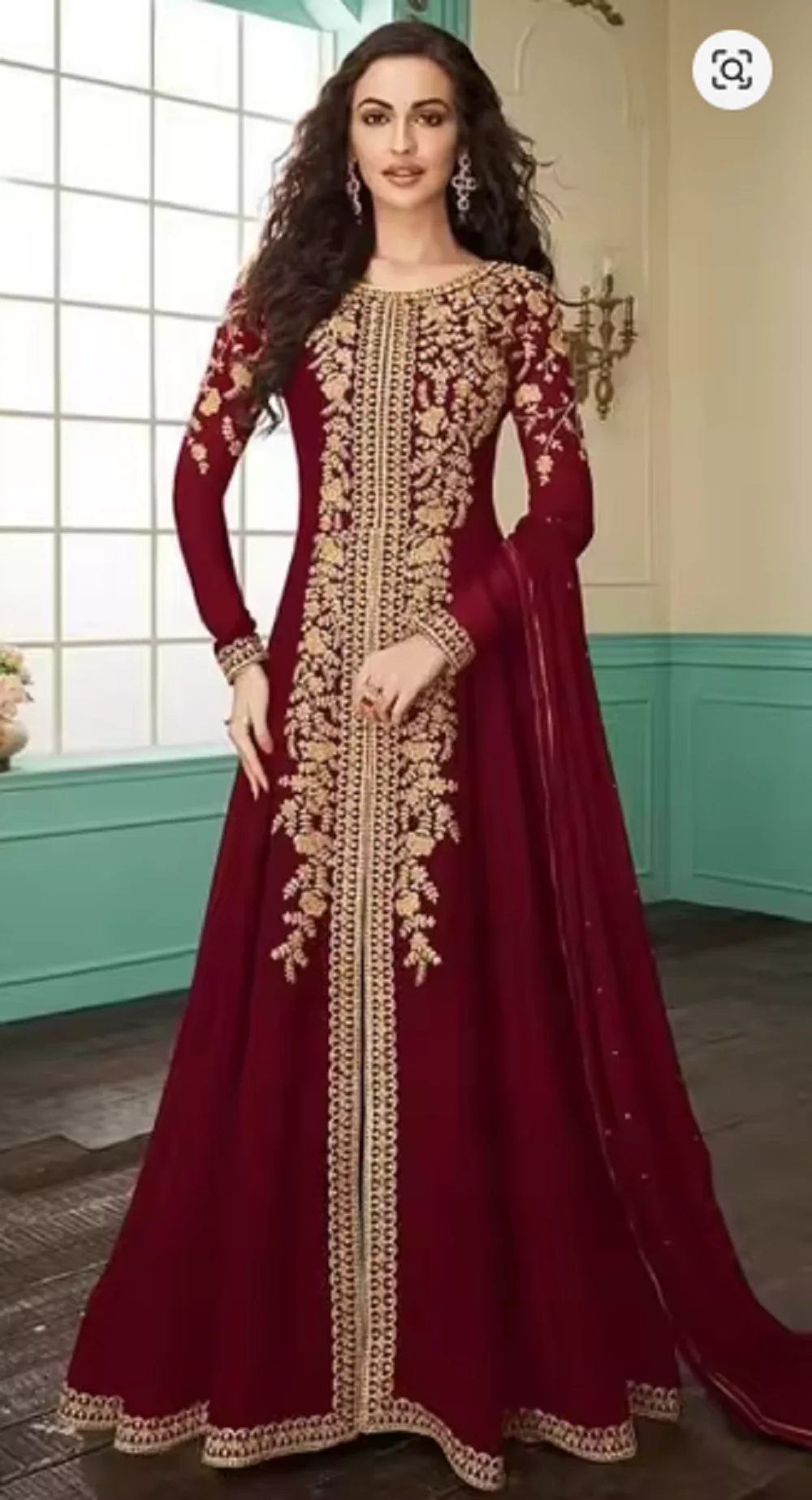 Burgundy Slit Style Embroidered bridal Anarkali Suit indian wear festival gold lace applique long sleeve wedding dress jumpsuit