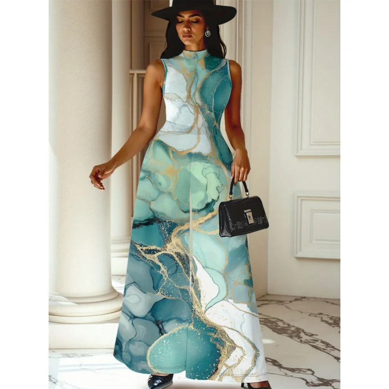 

New European and American Style Round Neck Knitted Sleeveless Long Dress Floral Print Summer Casual Jumpsuit