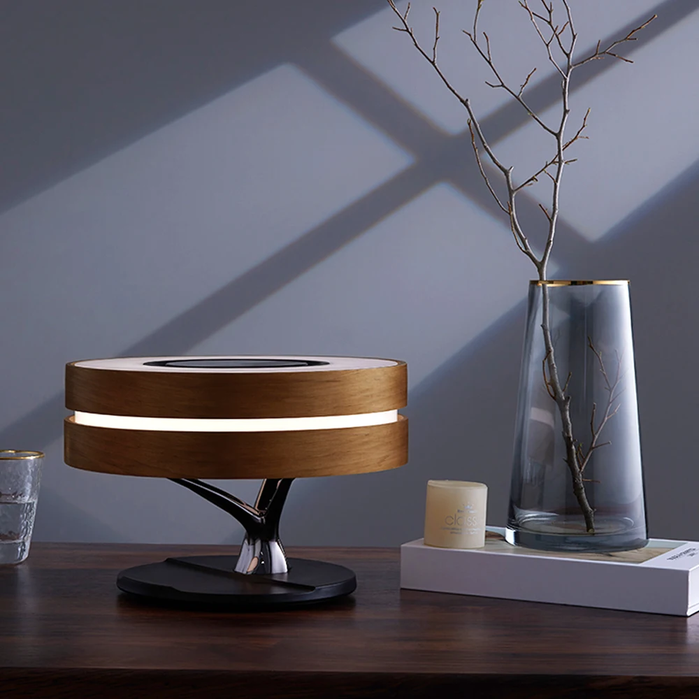 2026 Trending Wooden Lamp with Wireless BT Speaker Digital Clock Dimming Night Light Circle Tree Wireless Charging Lamp