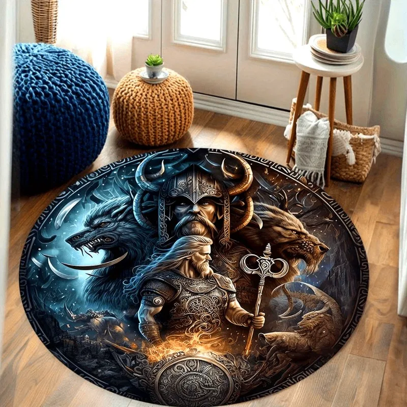 

Яркий круглый ковер в викингском стиле, подходящий для использования в интерьере - с рунами в скандинавском стиле, машинная стирка, мягкий, подходит для гостиной