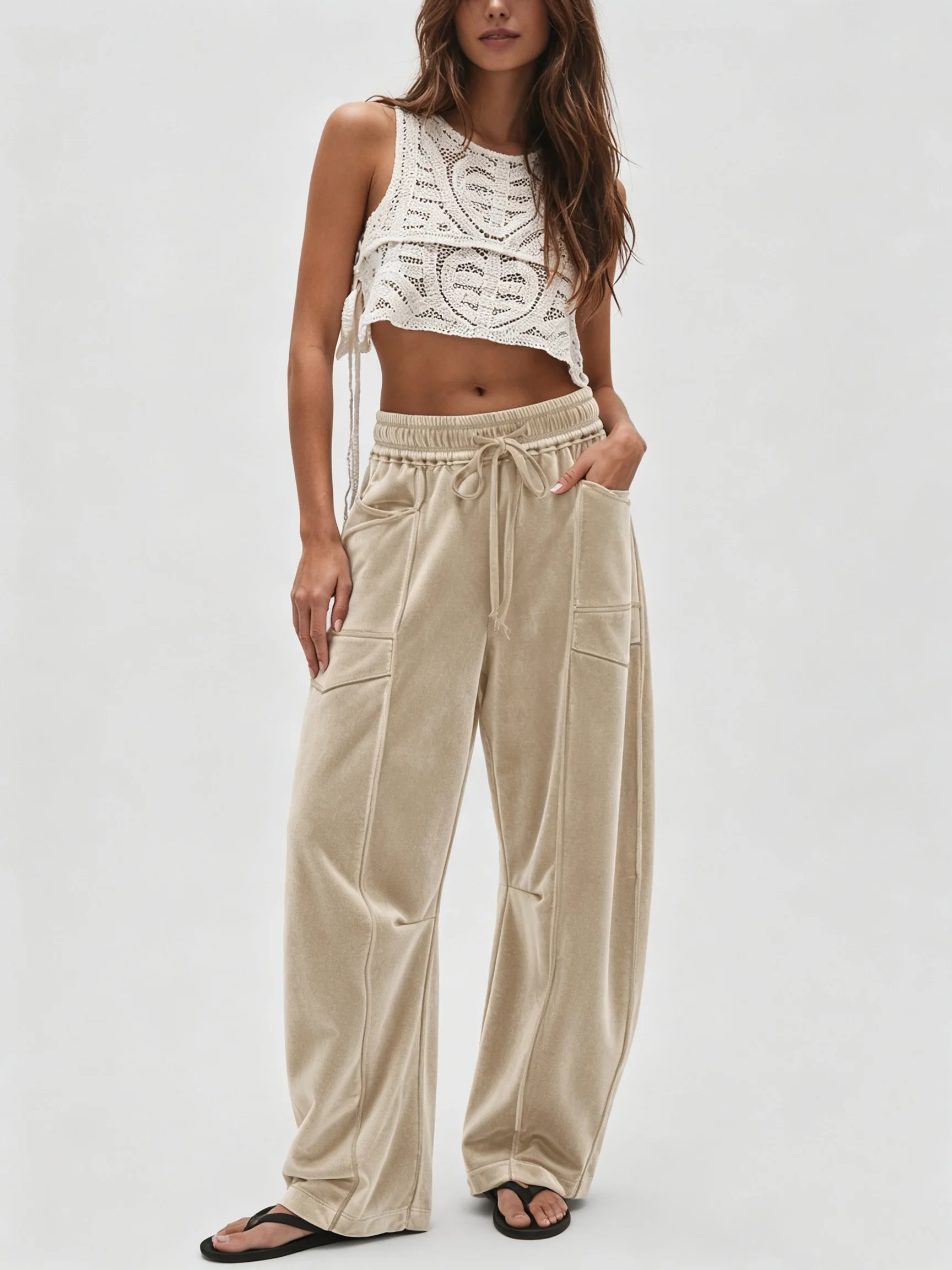 2026 Fall Winter Women Vintage Velour Wide Leg Pants, Elastic Drawstring Waist Loose Casual Trousers, Multi Pockets Baggy Pants