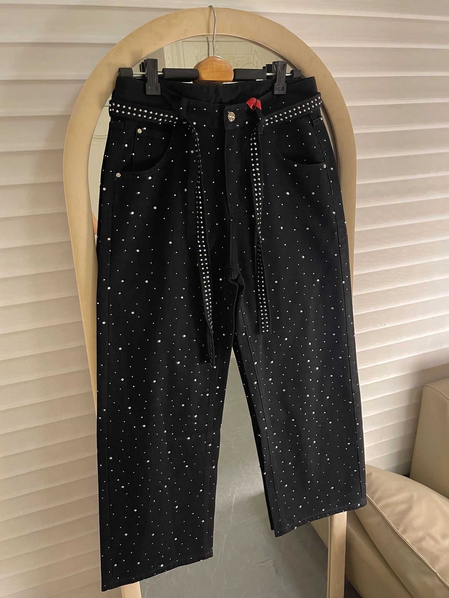 

Parisian Sle Heavy Embellied Rhinestone Sa Straight Leg Jeans Men's Trendy Loose Fit Casual Cotton Denim Pants