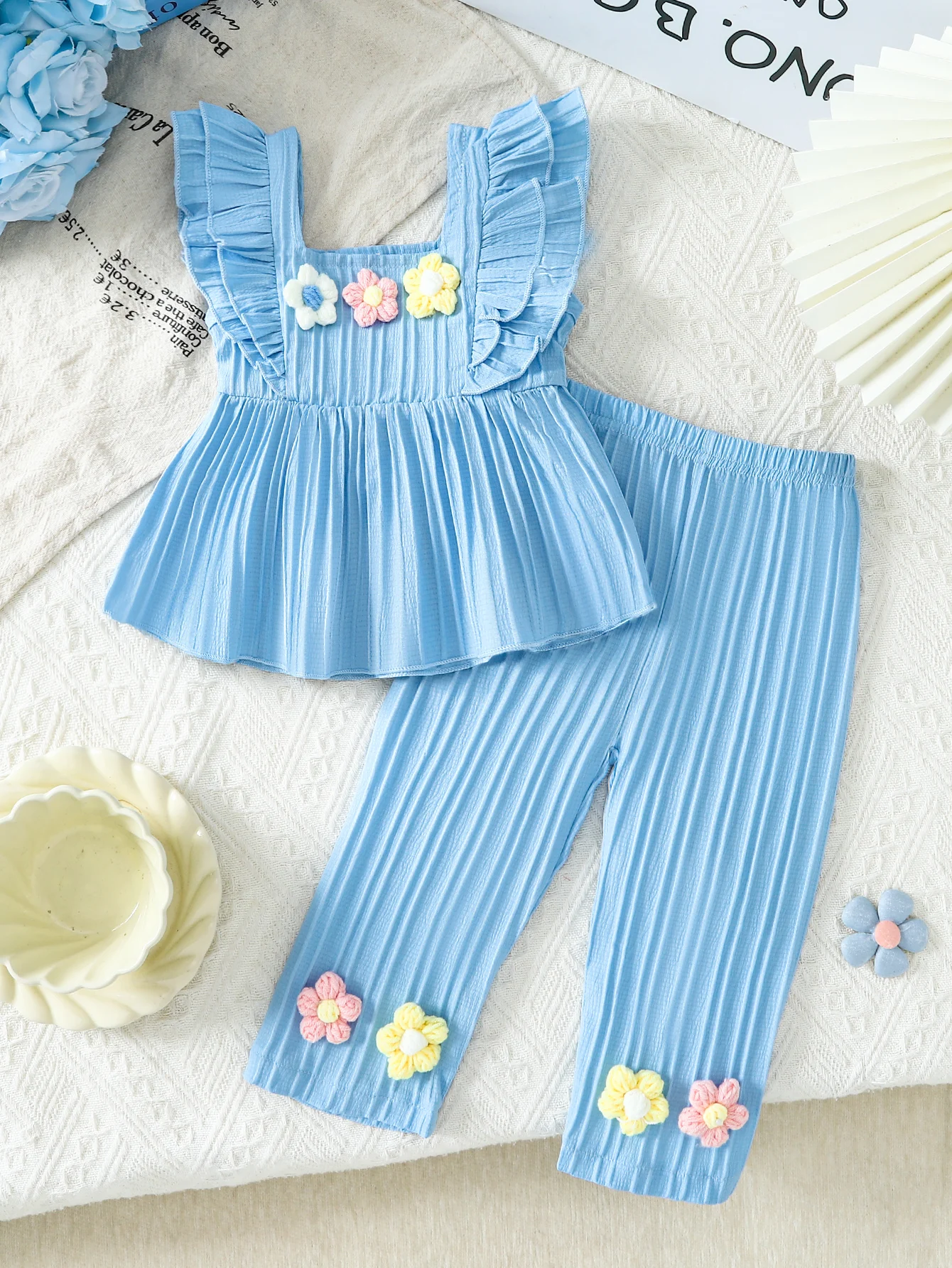 2pcs Summer Girls 3D Floral Ruffle Sleeve Set, Daily Wear/Outdoor Play/Birthday Party, 1-4Y Girls, Ruffle Square Neck Top + Elas