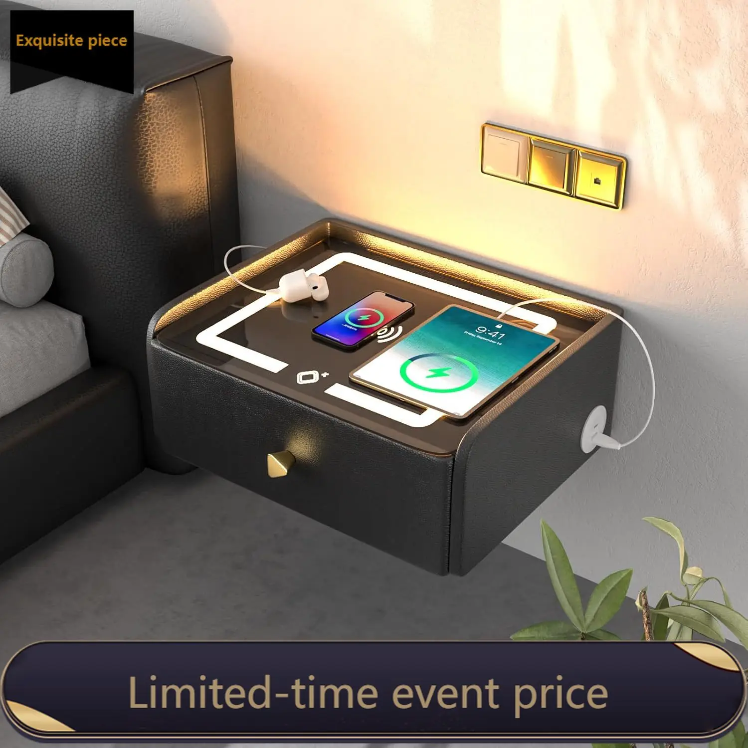 

Навесная прикроватная тумбочка с зарядной станцией и LED-подсветкой