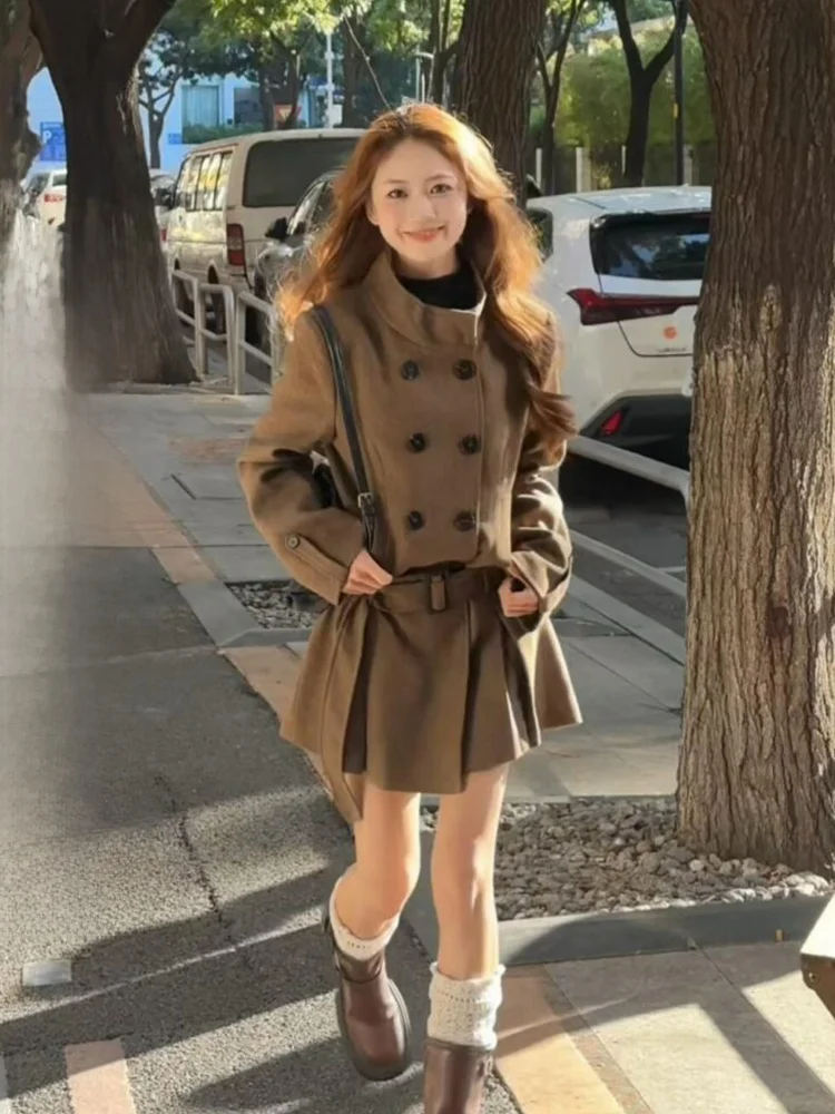 

Retro Double-Breasted Suit Jaet Women's Design Slimming Woolen Coat Waist-Cinching Dr Sle Outerwear Long Sve