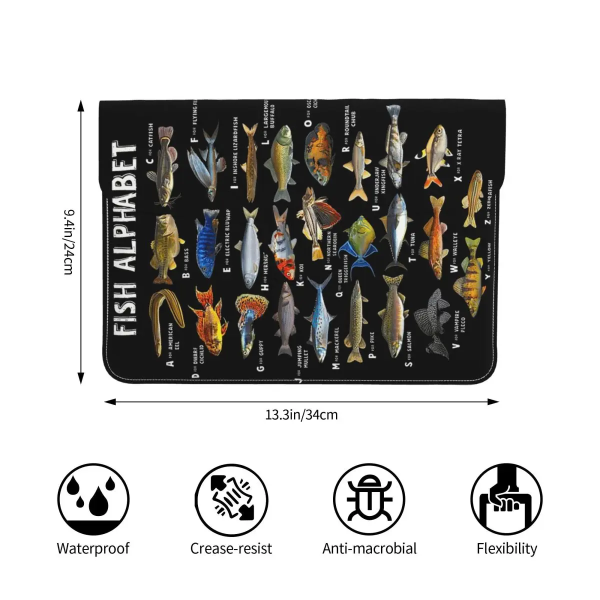 Fish Alphabet Educational Freshwater Species Fishing PU Leather Horizontal Laptop Sleeve Shockproof Lining Notebook Case 13 Inch