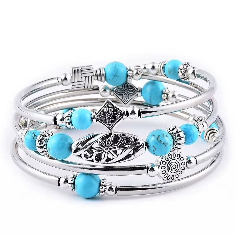 

New Natural Turquoise/Tiger's Eye Stone Wrapped Bracelet Multi-loop Layered Natural Stone Beaded Bracelet