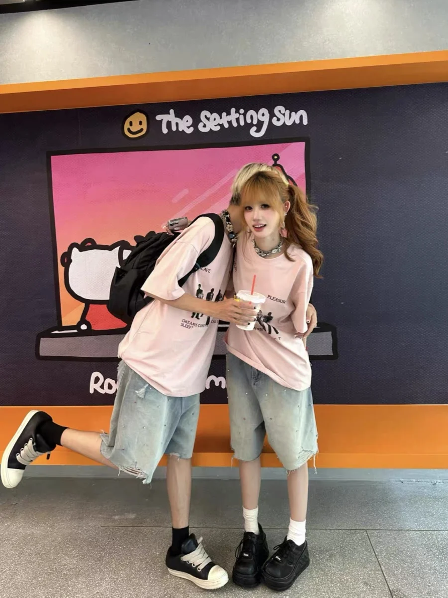 

Американские сле, светло-голубые джинсы со стразами и дырками, мужские и женские летние свободные повседневные брюки с пятью точками для пар