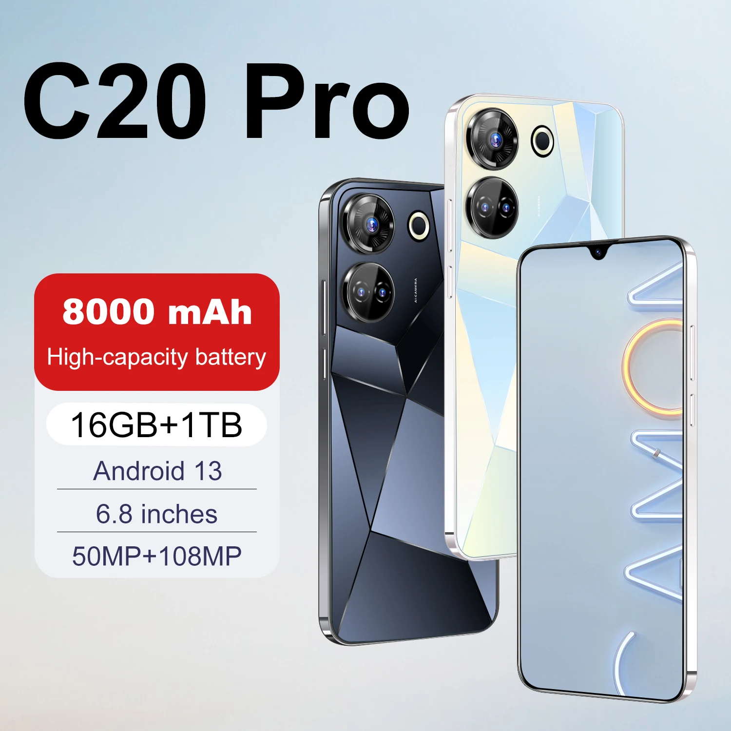 

Original C20 Pro Gaming Phone 6.8'' HD+ Android 13 16GB+1TB 8000mAh Face unlock Fingerprint unlocking Global Edition 5G