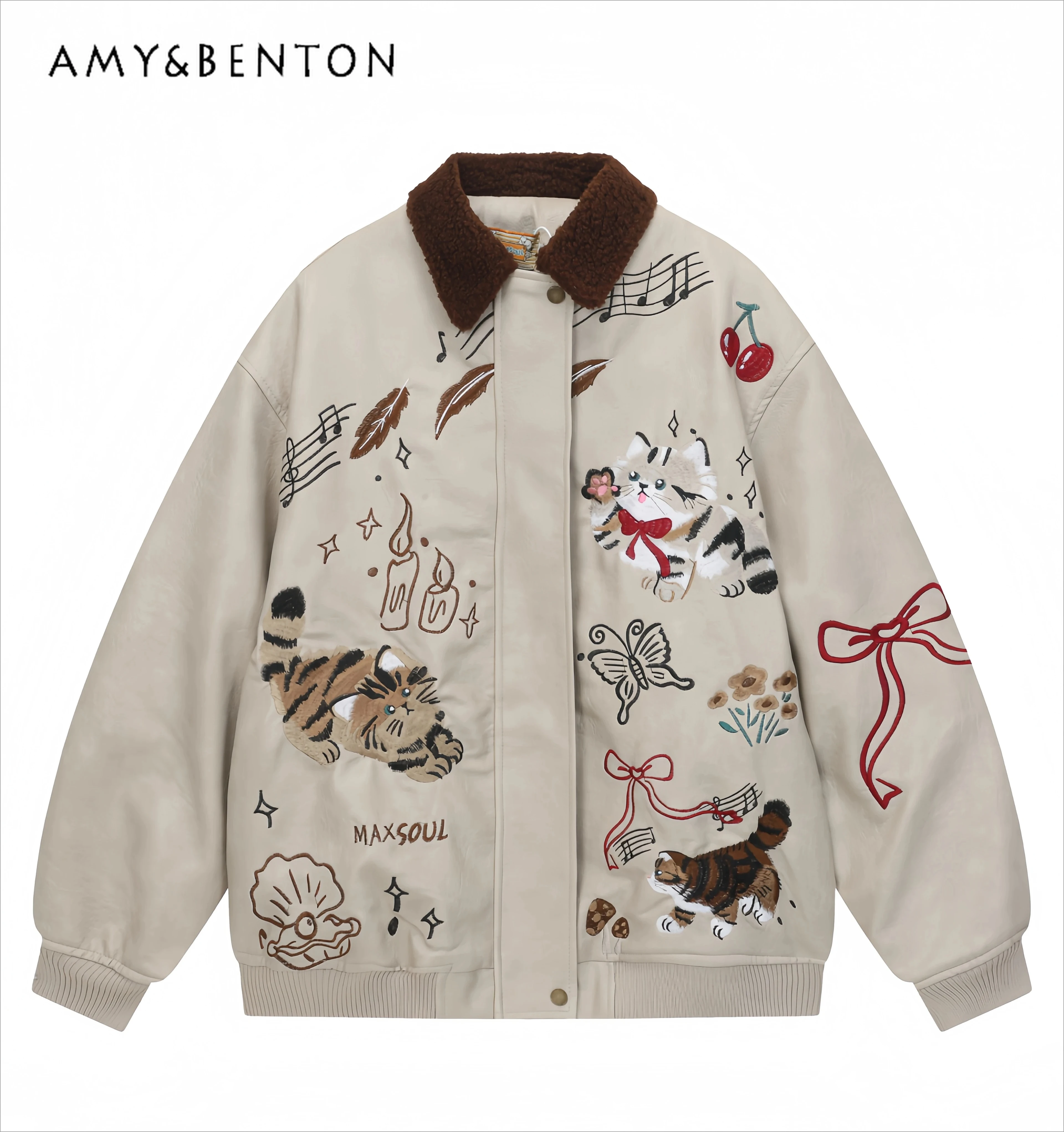 

Новая женская винтажная куртка из искусственной кожи с вышивкой милого кота, свободного кроя, на флисовой подкладке, утепленная, цвета абрикос, для осени и зимы