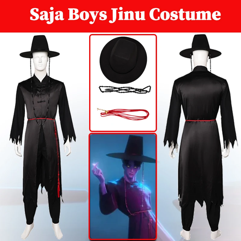 

Cartoon Demon Hunters KPop Saja Boys Jinu Cosplay Men Black Costume Hat Men Roleplay Disguise Fantasia Clothing Halloween Suits