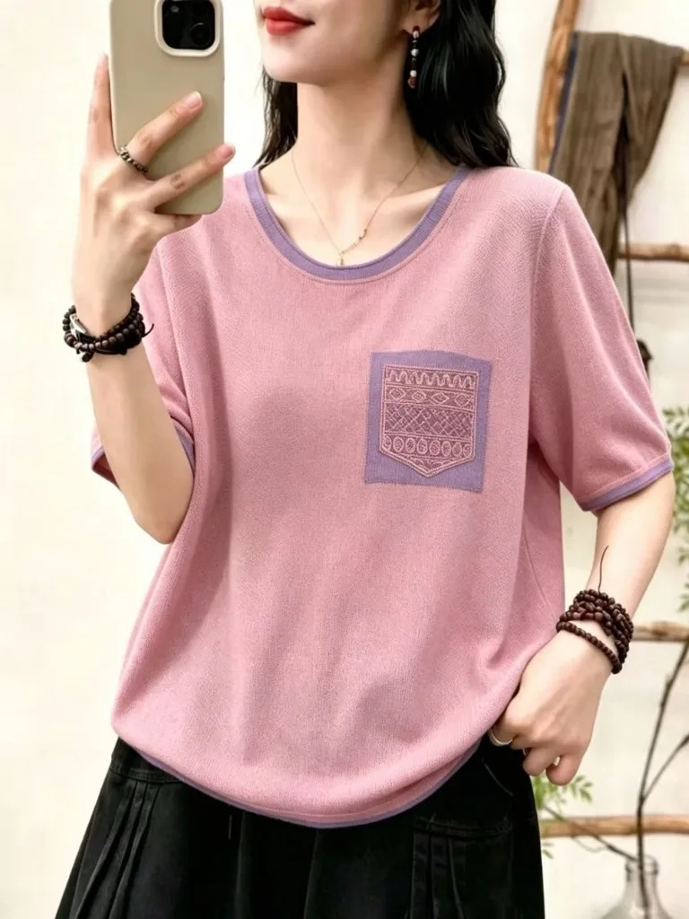 Camiseta de punto fina de manga corta estilo coreano para verano, con bolsillo y parche, para mujer, corte holgado, básica, informal, de marca, productos de outlet.