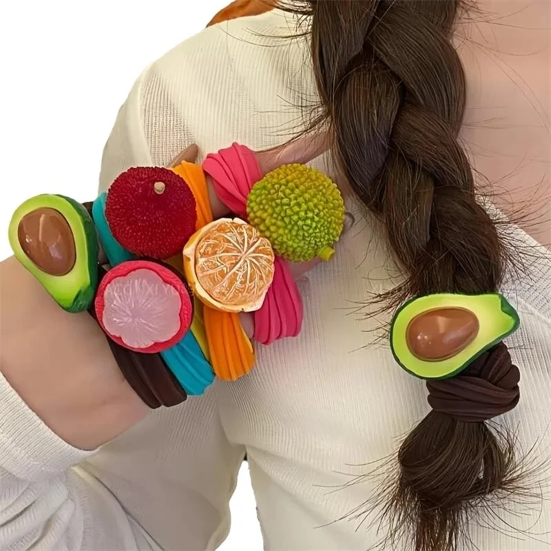 5 Stück Obst-Elastizität, Pferdeschwanz-Haargummi, Gummi-Haargummis, Stirnbänder, niedliches Gummiband, Stoff-Haarschmuck für Frauen und Mädchen