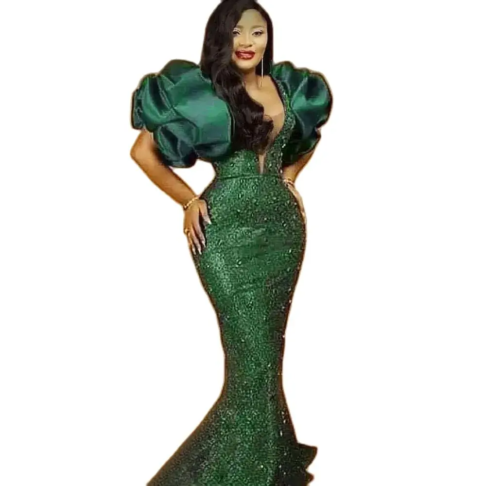 Puff Sleeves Bead Sequined Hunter Green Prom Dresses Mermaid  Evening Dress Plus Size Party Gowns For African Women robes de