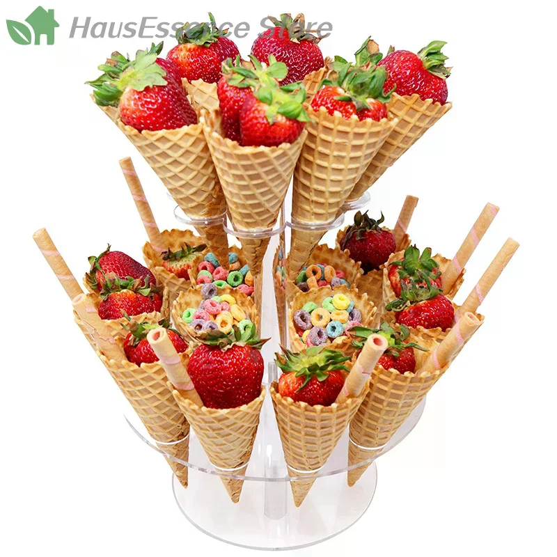 ※Premium 16/24 Holes Acrylic Ice Cream Cone Holder Cupcake Popcorn Rack Party Wedding Buffet Display Stand Transparent Ic view 3