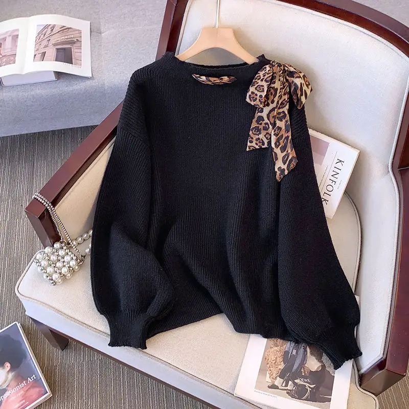 Leopard Print Bow Women\'s Chic Pullovers 2024 Vintage Elegant Autumn New Style Lazy Style Loose and Slimming All-match Sweaters