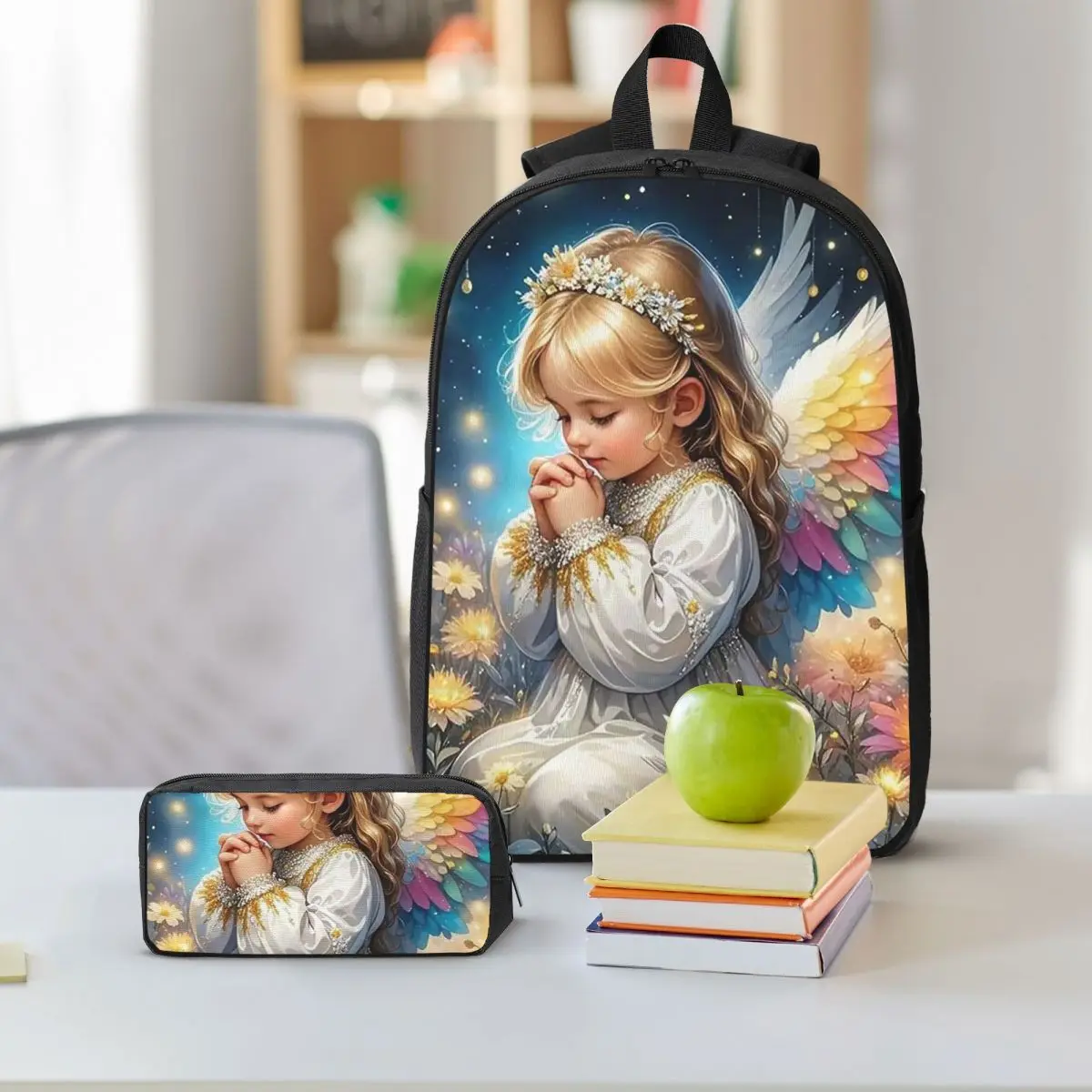 Lovely Angel Wishing Pattern Backpack Boys Girls BookBag School Bag Shoulder Bags 3ps Insulated Lunch Bag Pencil Case