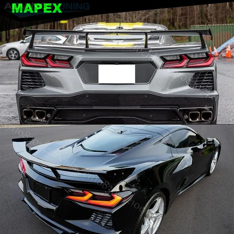 For 20-23 Corvette C8 GM CARBON FIBER LOOK Bright black Rear Trunk Lid High Wing Spoiler Car Tailgate Flap Trim ABS Accessories