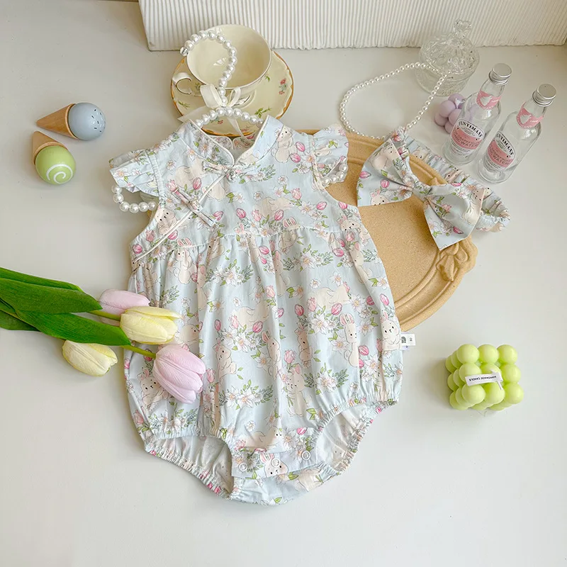 Summer Floral Baby Romper Cute Bunny Printed Newborn Jumpsuit for Girls Chinese Style Cheongsam Princess Birthday Clothes Gift