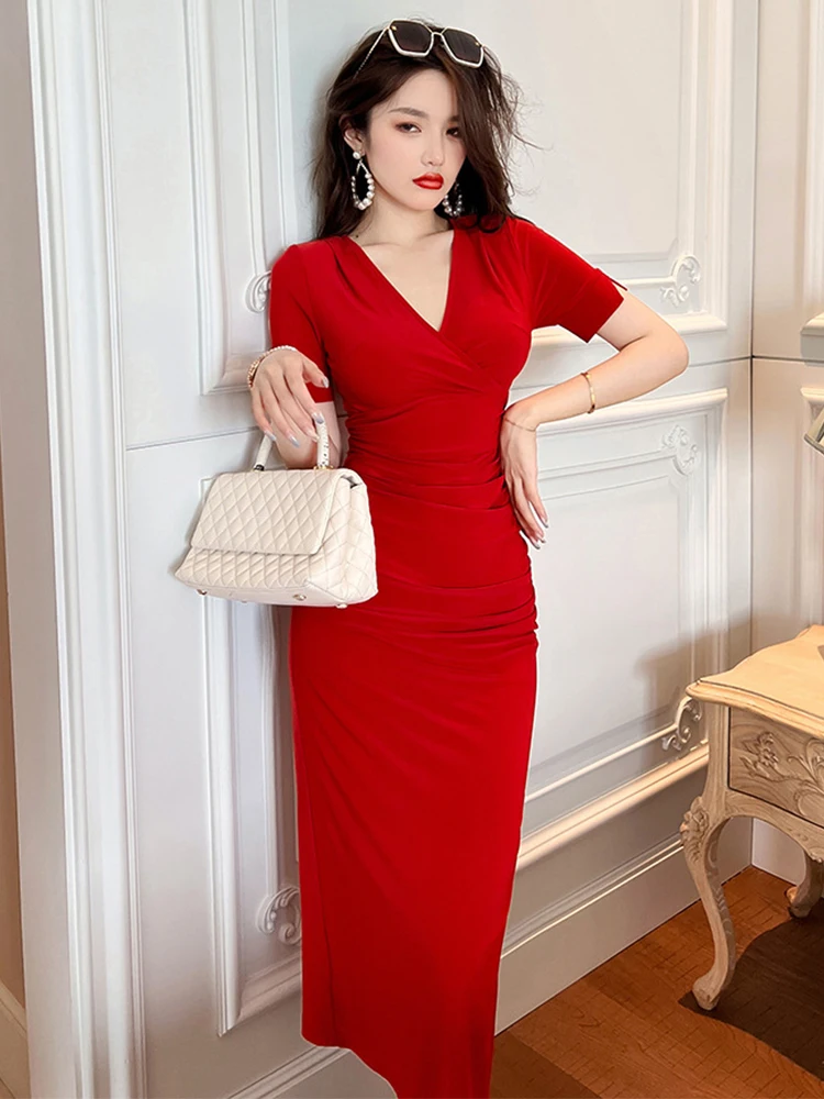 Summer Dresses 2023 Women Sweet Elegant Casual Red Short Sleeve Folds Bodycon Split Robe Party Street Holiday Vestido Feminino