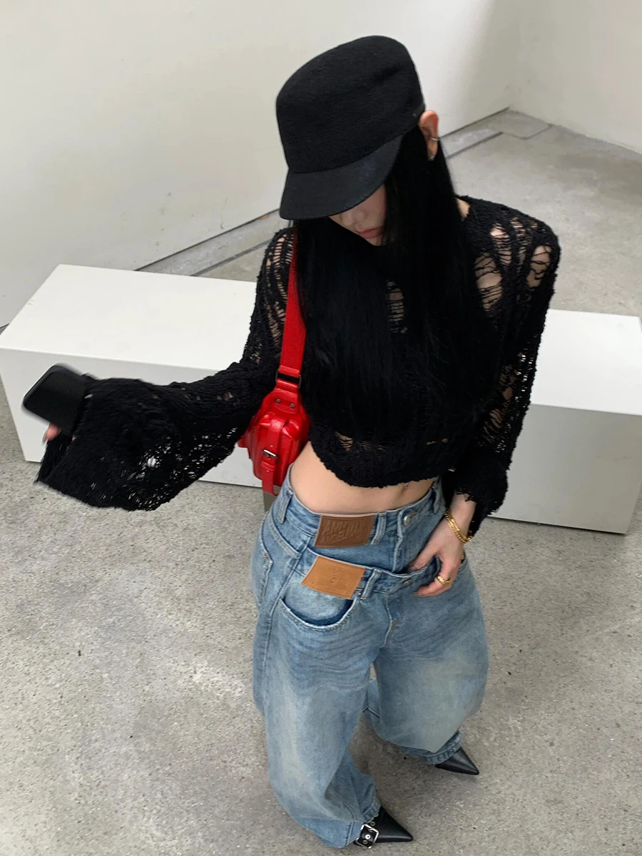 กางเกงยีนส์ทรงบอยเฟรนด์เอวต่ำแบบสองชิ้นปลอม มีกระเป๋า ลุคสบายๆ สไตล์เกาหลี REDDACHiC