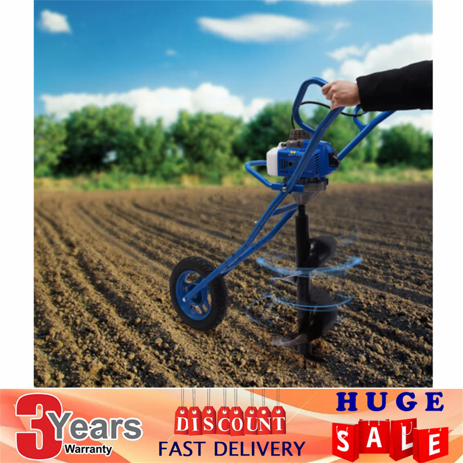 63CC 3HP Post Hole Digger Gas Powered Earth Auger Borer Ground Drill Wheelbarrow Blue