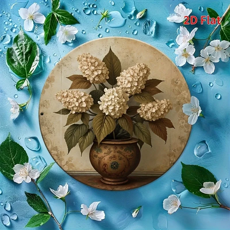 2D Flat, Vintage Hydrangea, Aluminum Metal Round Wall Art Decoration, Suitable for Indoor And Outdoor Use, Home Bar Garage Decor