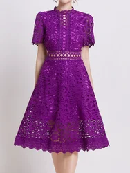 SMTHAM 2026 Spring New Women's Lace Dresses Floral Crochet Hollow Out Vestido Patchwork Casual Slim Office Party Long Dress