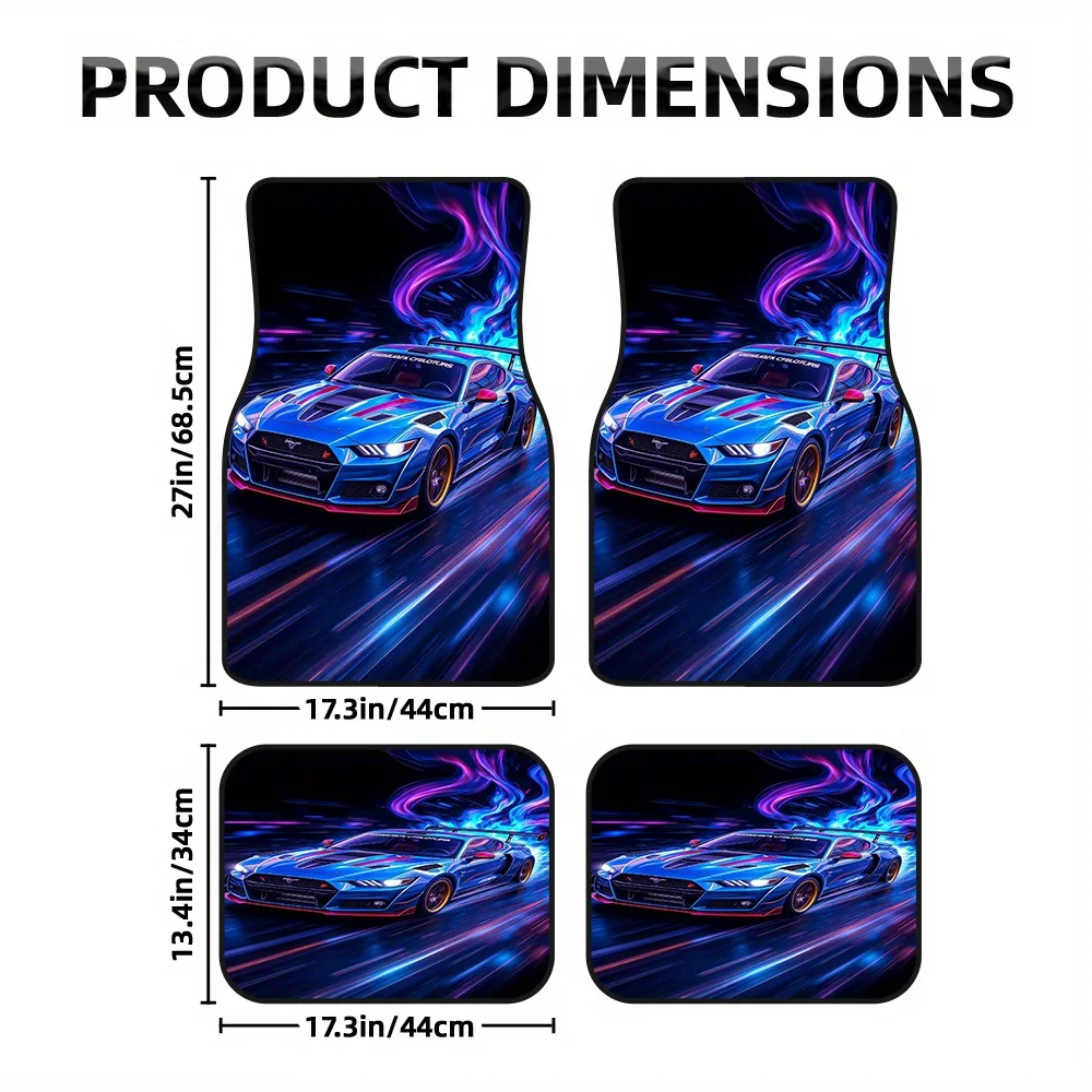 Set Of 4 Blue Neon Racing Car Motif Car Floor Mats | Polyester, Universal Fit, Perfect For Road Trips And Gift Ideas, Excellent