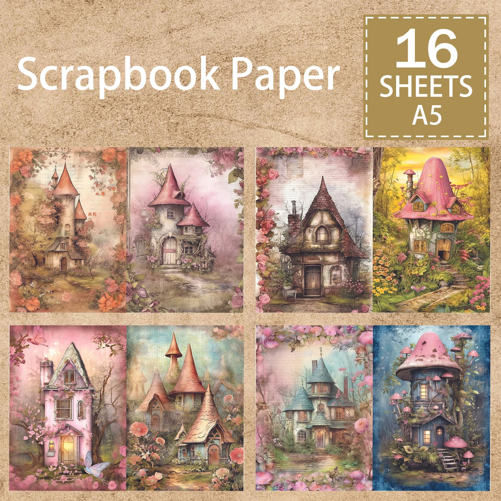 16 Sheets A5 Size Magic Forest Mushroom House Background Vintage Grunge Journal Planning Scrapbooking