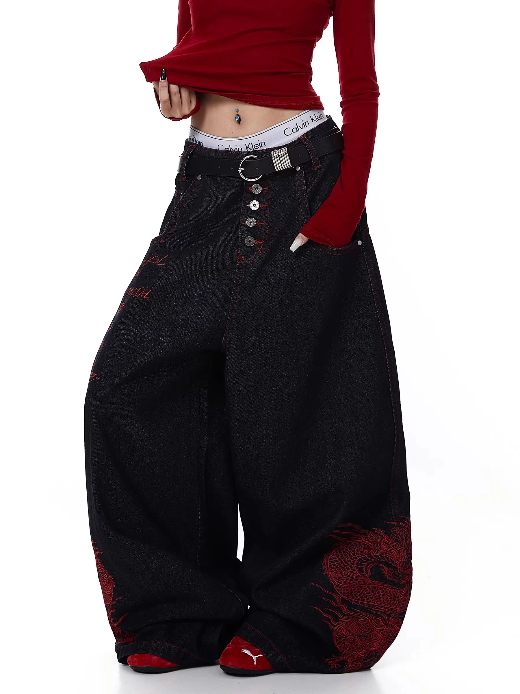 Retro American Red  Dragon Pattern Embroidery Button Knife  Jeans Loose Wide Leg Long Pants Men's Design Trendy Brand