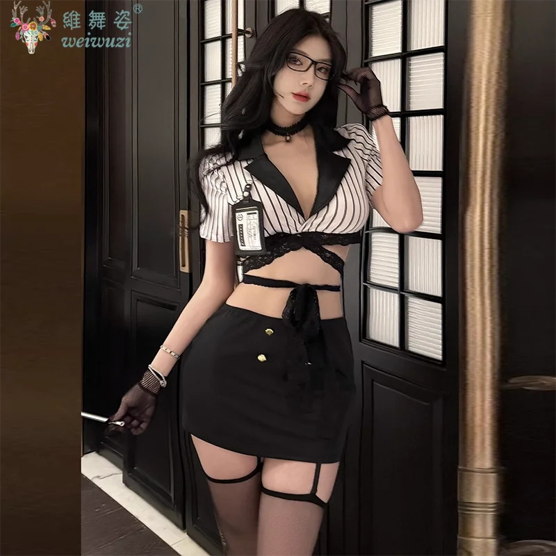 

2025 Women's Sexy Two Pieces Stripped Roleplay Teacher Uniform Adult Lady Naugty Party Cosplay Costumes Spicy Night SM Nightwear